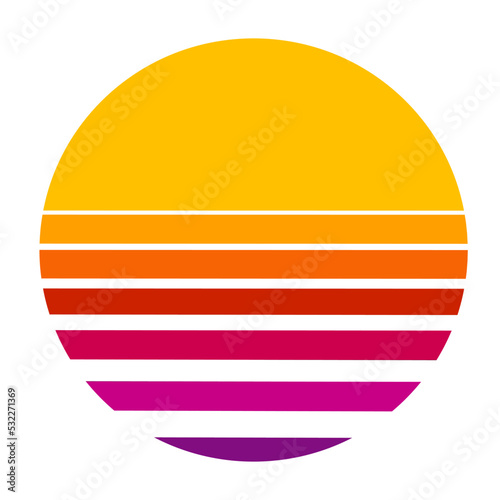 Retro sunset or sunrise circle with gradient neon color. Retrowave style sunset scene. Scene in cartoon or cuberpunk style. 90s poster electro sun space vintage