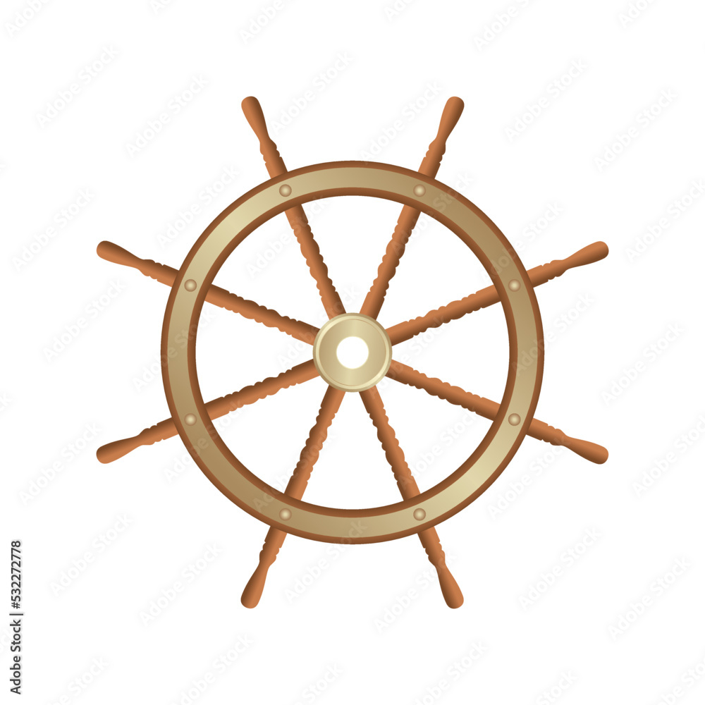 Steering wheel of a sea ship on a white background