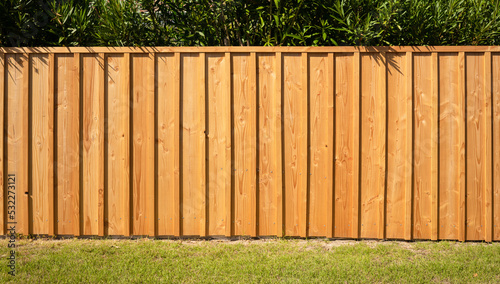 Frontal shot of a wooden picket fence with a green hedge in the background and grass in the foreground. Pale wood. Copy space