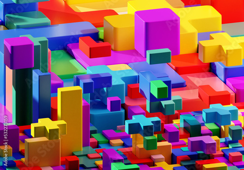 Cubic Mosaic. Multicolored geometric elements. Cubic mosaic background. Isometric bricks for children. Children Cubic mosaic. Colorful geometric elements. Background for educational games. 3d image.