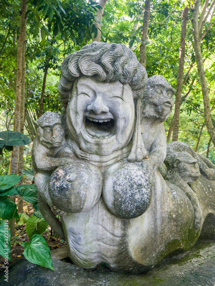 Indonesia, Bali, Ubud. Statue in Bali Sacred Monkey Forest.