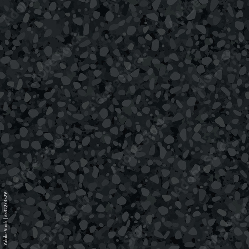 Black textured asfalt seamless pattern top view. Dark grey abstract tarmac texture. Vector illustration of road coat material. Grunge granular closeup surface. Bitumen grain highway backdrop
