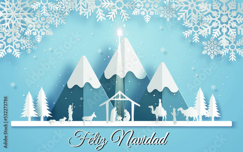 tarjeta o pancarta en Feliz Navidad representada por la escena de la natividad con animales, tres hombres sabios sobre fondo blanco y azul con montañas y copos de nieve