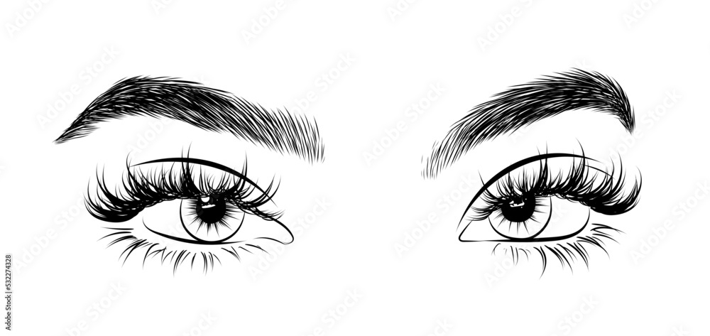 Eye extension illustration for salon socila media, logo, icon. New trendy wet look lashes. Natural full eyerbows.