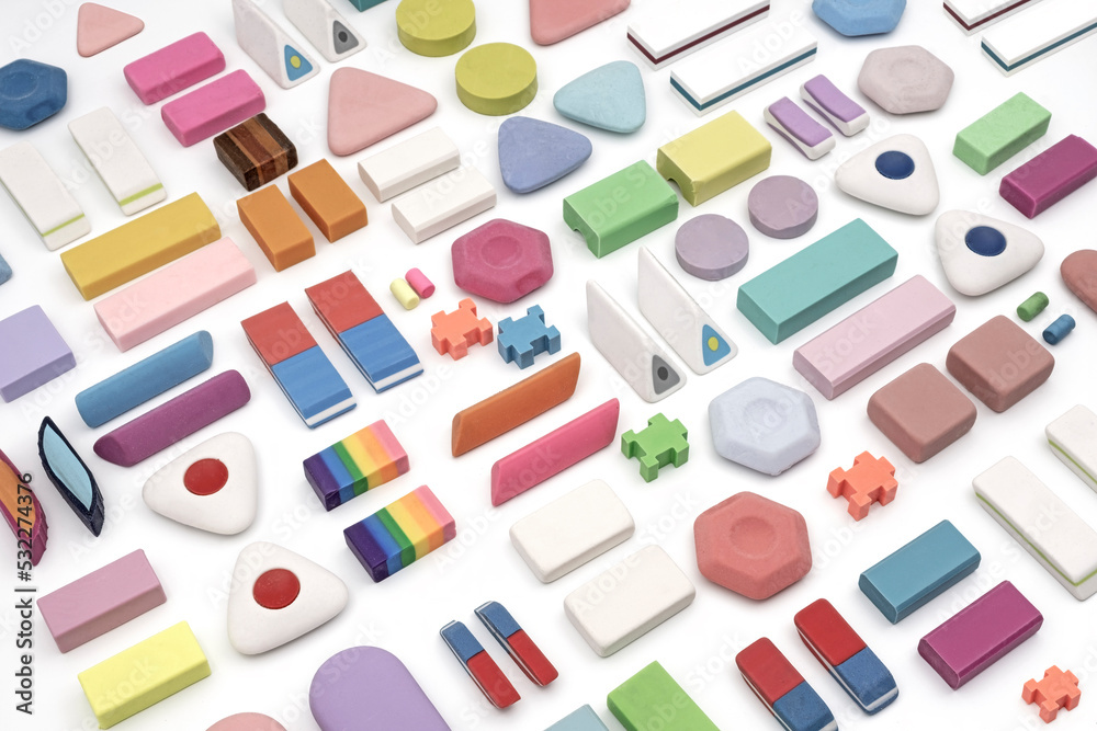 various shapes and colors of erasers arranged various shapes and colors of erasers arranged