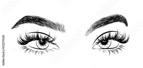 Eye extension illustration for salon socila media, logo, icon. New trendy wet look lashes. Natural full eyerbows.