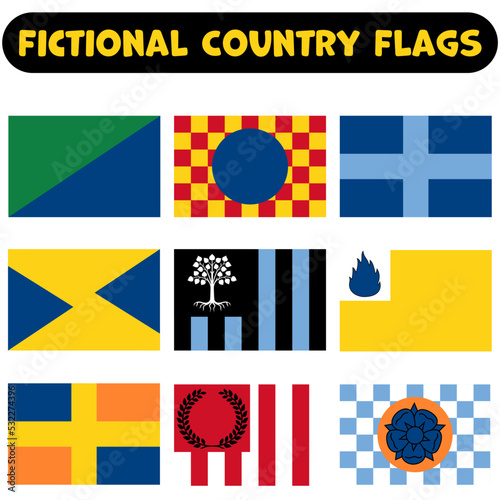 Set of Fictional Flags, Fictional Country Flags, World Fantasy Flags for fiction, Unrealistic Flags.