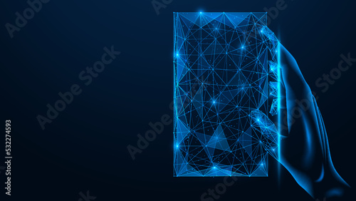 Hand holds a virtual book. Polygonal design of interconnected lines and points. Blue background.
