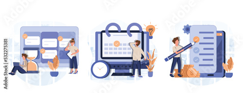 Schedule planning illustration set. Characters planning work tasks, filling check list, making schedule using calendar. Business and organization concept. Vector illustration.