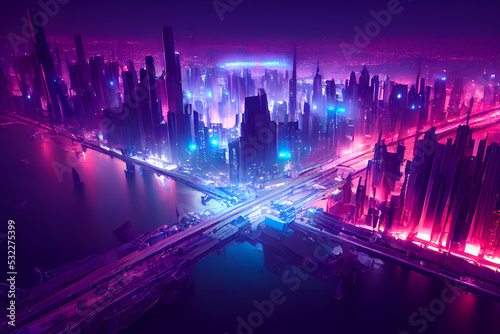 A drone view of a futuristic highway of a cyberpunk city. Neon lights. Illustration of a modern cityscape. Dystopic urban wallpaper. Landscape background