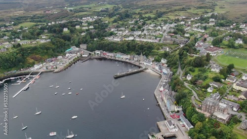 Aerial view on the Tobermory, UK now the main town on Mull island at the cloudy weather