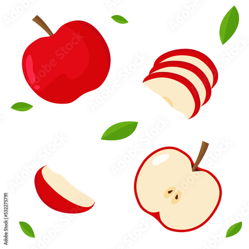 Red apple with leaves, slices red apple, vector