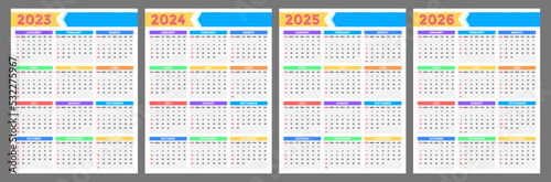 Calendar 2023 2024 2025 2026 years. week starts on sunday vector template