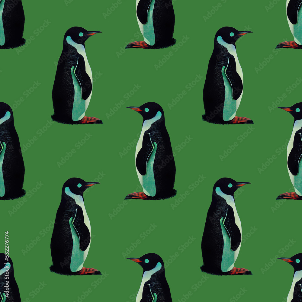 Naklejka premium Penguin Repeat Seamless Pattern on Emerald Green Illustration