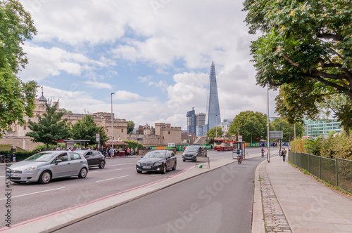 London, England, UK- September 10, 2022: Tower Hill in the left is the Tower of London and The Shard background. Cultural tourist attractions historical places in central London