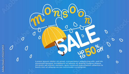 Monsoon sale background vector illustration. Cute yellow umbrella, white clouds and raindrops. Poster for Monsoon season