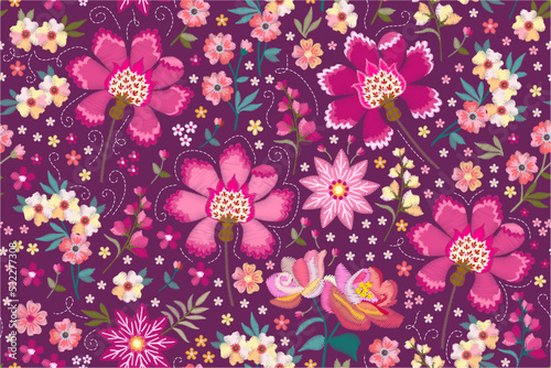 Embroidery seamless pattern with fantasy flowers. Print for fabric in boho style. © Happy Dragon