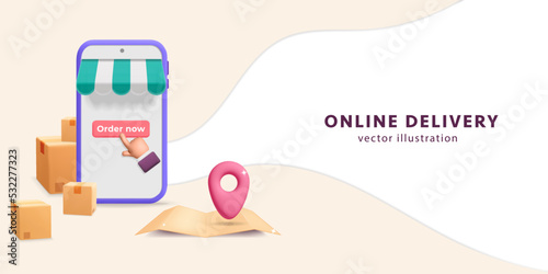 3d vector fast delivery service with app on mobile phone poster. Cartoon render smartphone with order now button and pointing hand. Paper boxes, store awning and location pin isolated symbol.