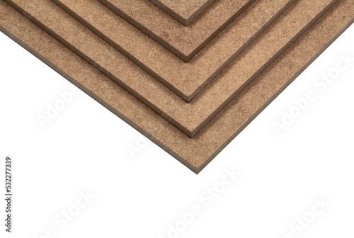 Step-arranged planks of raw HDF brown color.