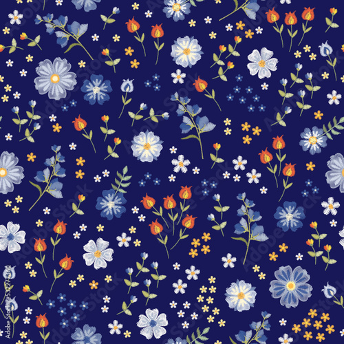 Wallpaper Mural Embroidery seamless pattern with beautiful wild flowers on dark blue background. Floral ornament. Fabric print. Torontodigital.ca