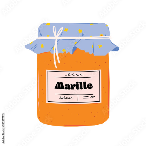 Peach jam in the jar. Apricots cut in sweet syrup. Vector illustration