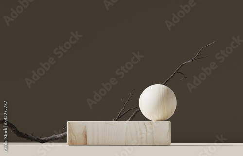 Fototapeta Naklejka Na Ścianę i Meble -  3D podium display on beige, background. Bright cosmetic beauty product promotion wood pedestal.  Nature shadow, wooden showcase composition on green with tree branch. Abstract minimal studio 3D render
