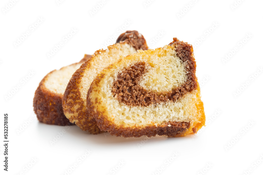 Sweet sponge cake. Bundt cake isolated on white background.