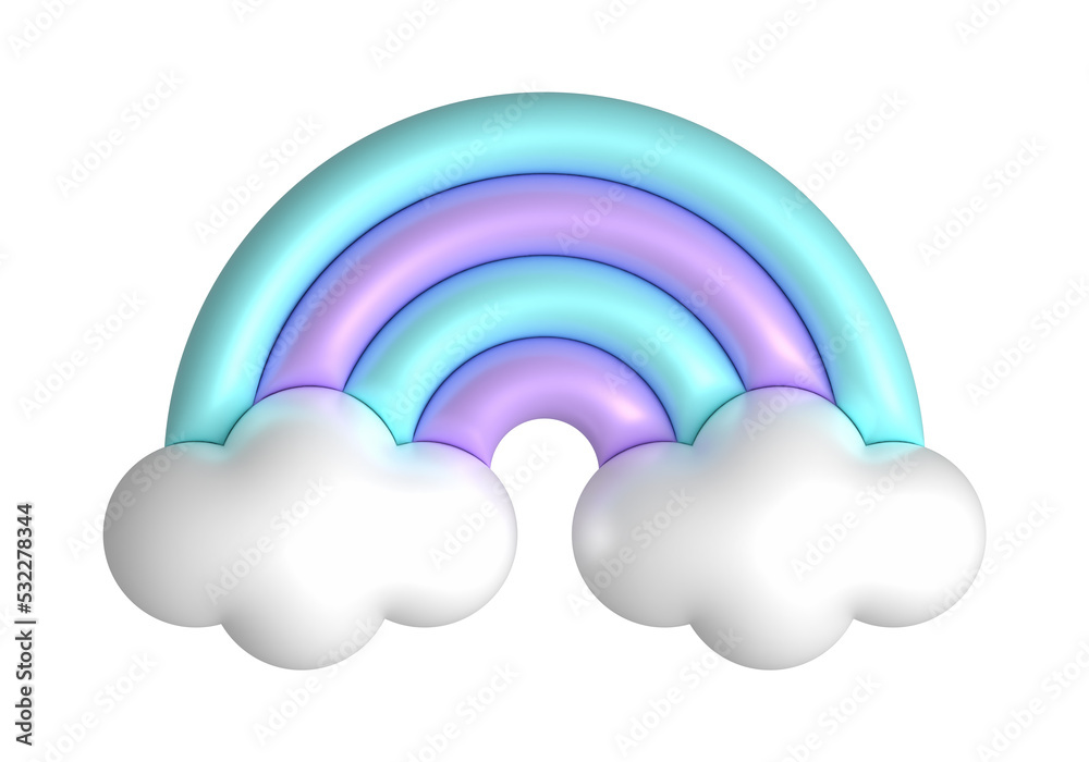 Fototapeta premium 3d rainbows in candy pastel color purple, blue. Cute plastic rainbow with clouds. 3d rendering spring illustration suitable for decoration of Birthday, product, banner, social networks.