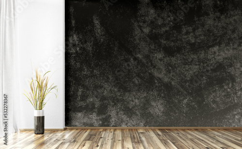 Fototapeta Naklejka Na Ścianę i Meble -  Interior background of room with black stucco or concrete wall and window. Decorative vase with grass. 3d rendering