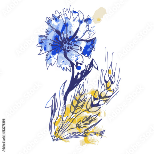 Blue abstract watercolor flower with spikelets. Vector image isolated on white background
