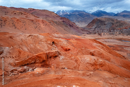 Gobi desert lifeless landscape mountains Altai Republic Russia, texture of red sandstone in Mars valley, aerial top view