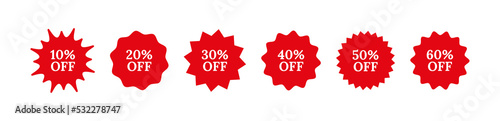 Circle, round splash badges. Set discount promo stamps. Price stickers. Star burst boxes. Red tag product labels. Starburst shapes isolated on white background. Vector illustration.