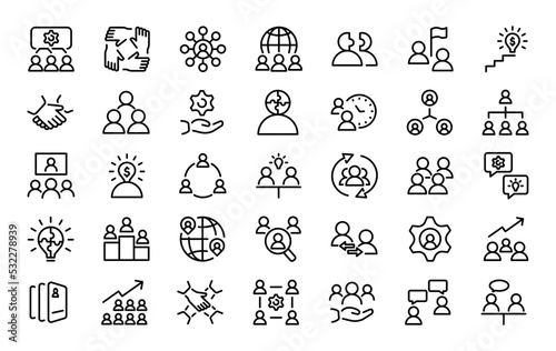 Set of 35 teamwork icons in line style. Meeting, research, people. Vector illustration.