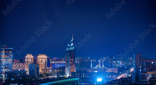 Night city panorama Nur-Sultan Kazakhstan Astana, Aerial view