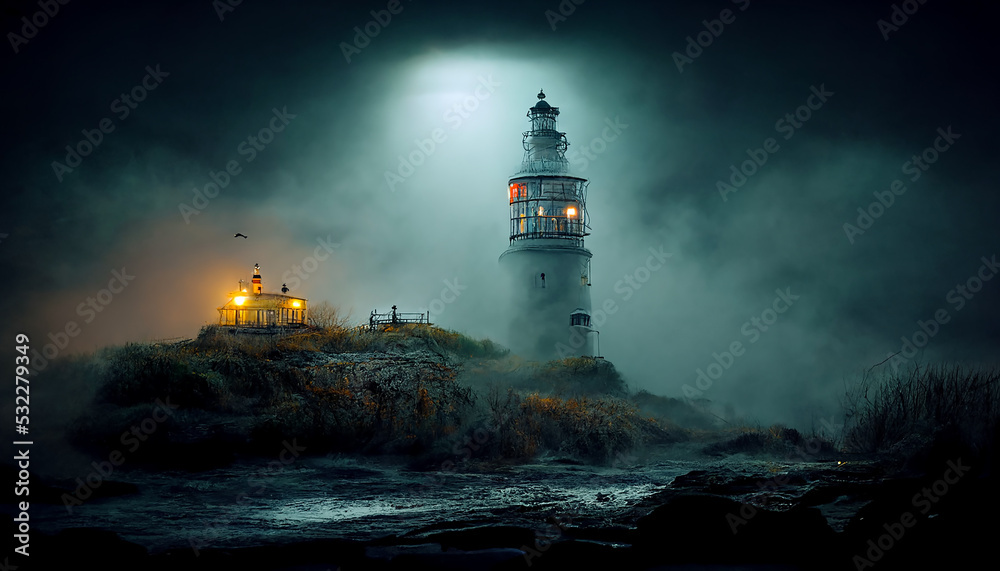 haunted lighthouse at night digital concept illustration, created with generative ai