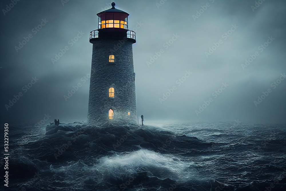 haunted lighthouse at halloween in stormy seas digital concept illustration, created with generative ai