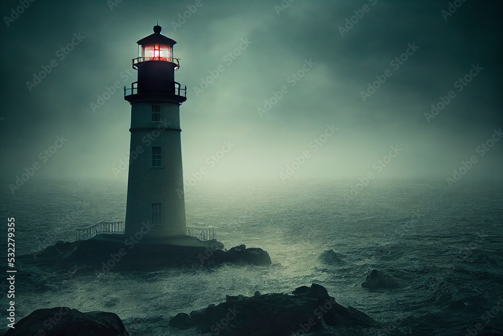 haunted lighthouse in a storm digital concept illustration, created with generative ai