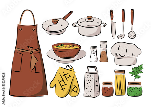 Sketch image, illustration of kitchenware, kitchen utensils, textiles and condiments
