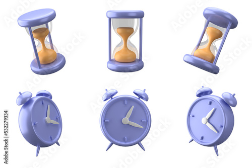 3d rendering of clock and hourglass icon, fit for design assets of business or finance, purple icon, 3d icons set, transparant background