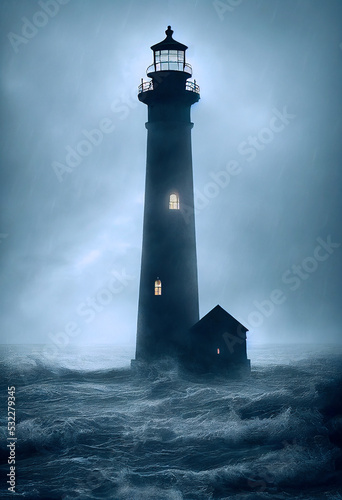 haunted halloween lighthouse in a storm, generative ai