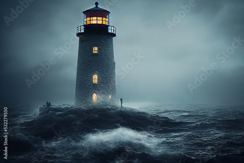 haunted lighthouse at halloween in stormy seas digital concept illustration, created with generative ai