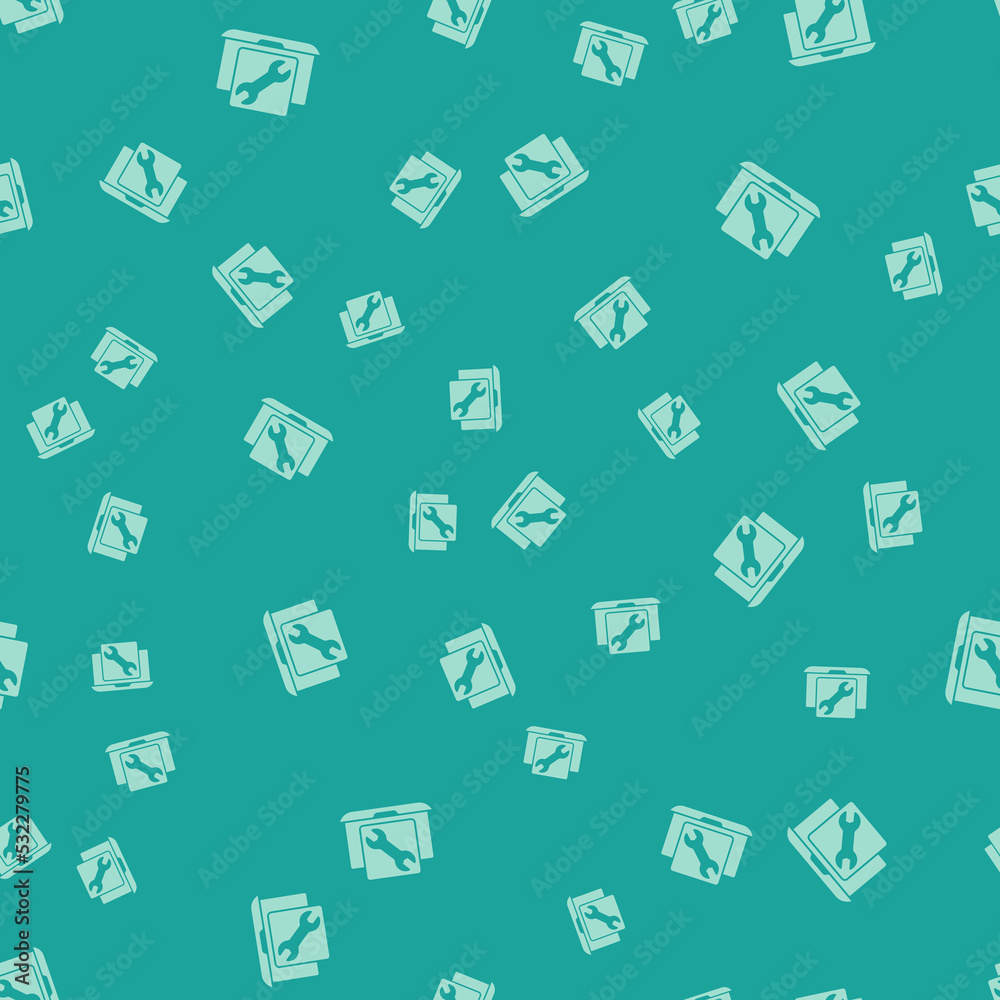 Green Laptop with wrench icon isolated seamless pattern on green background. Adjusting, service, setting, maintenance, repair, fixing. Vector Green Laptop with wrench icon isolated seamless pattern on green background. Adjusting, service, setting, maintenance, repair, fixing. Vector