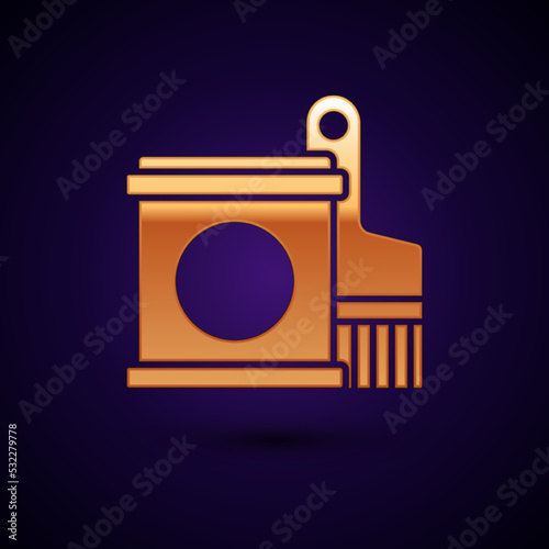 Gold Paint bucket and brush icon isolated on black background. Vector