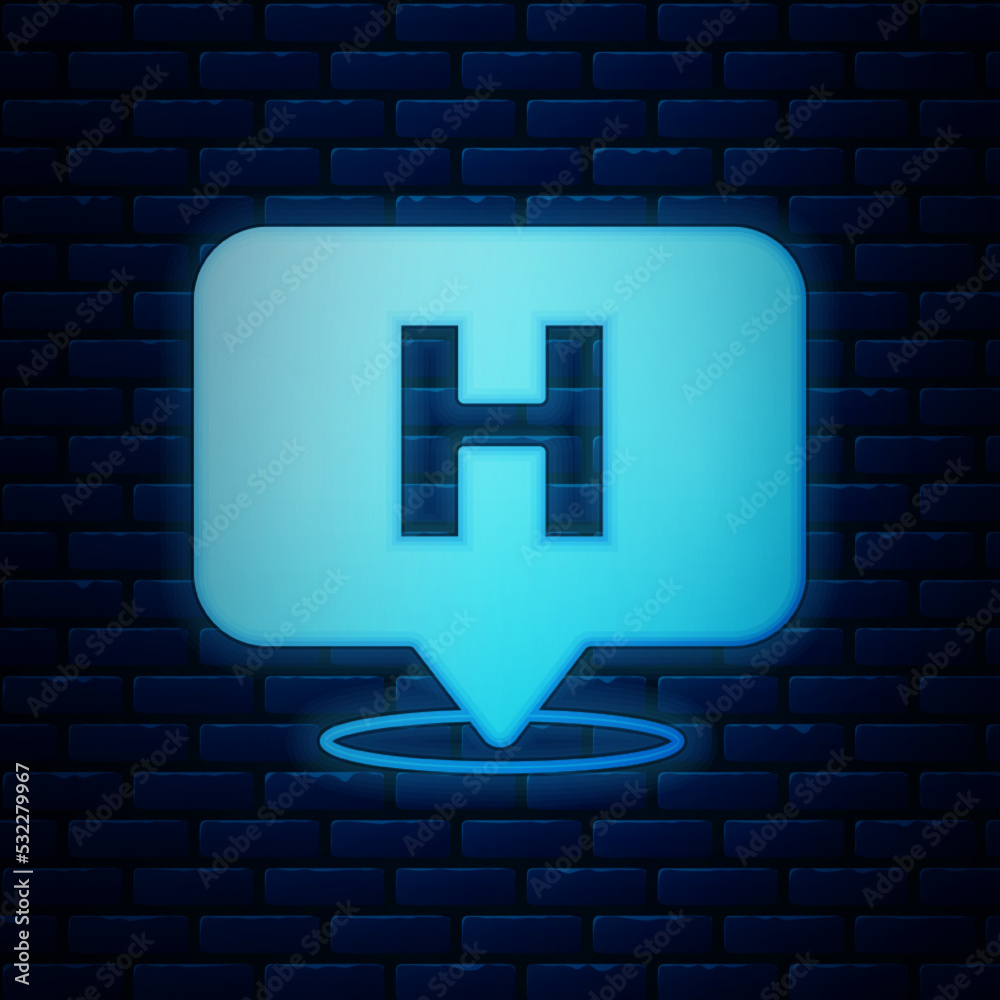Glowing neon Medical map pointer with cross hospital icon isolated on brick wall background. Vector Glowing neon Medical map pointer with cross hospital icon isolated on brick wall background. Vector