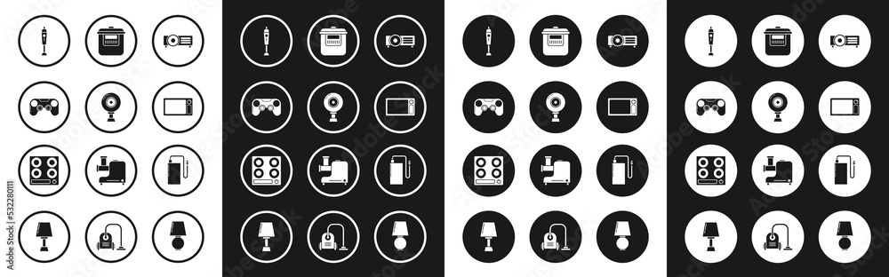 Set , Web camera, Gamepad, Blender, Microwave oven, Slow cooker, Power bank with different charge cable and Gas stove icon. Vector Set , Web camera, Gamepad, Blender, Microwave oven, Slow cooker, Power bank with different charge cable and Gas stove icon. Vector