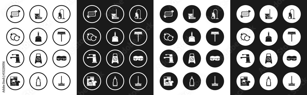 Set Vacuum cleaner, Dustpan, Washing dishes, Bar of soap with foam, Squeegee, scraper, wiper, Mop and bucket, Sponge and Water tap icon. Vector