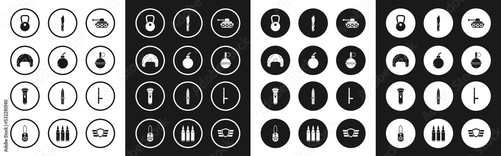 Set Military tank, Bomb ready to explode, helmet, Kettlebell, Hand grenade, knife, Police rubber baton and Flashlight icon. Vector