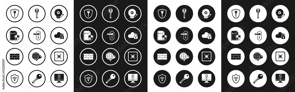 Set Ringing alarm bell, Door handle, Document protection concept, Shield with key, Cloud computing lock, Key, Safe and Bricks icon. Vector