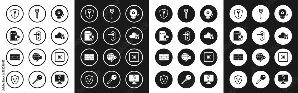 Set Ringing alarm bell, Door handle, Document protection concept, Shield with key, Cloud computing lock, Key, Safe and Bricks icon. Vector Set Ringing alarm bell, Door handle, Document protection concept, Shield with key, Cloud computing lock, Key, Safe and Bricks icon. Vector