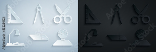 Set Eraser or rubber, Scissors, Workplace with table lamp and open book, Student, Drawing compass and Triangular ruler icon. Vector